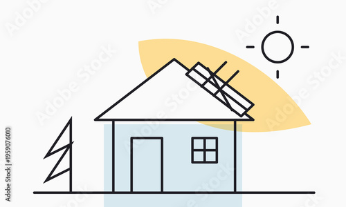 A simple line art illustration of a house with solar panels installed on the roof under the sun