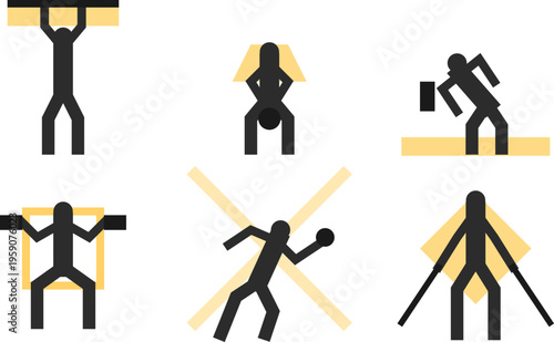 Fitness, exercise, workout icons, human silhouettes, gym, vector graphics, 6 icons