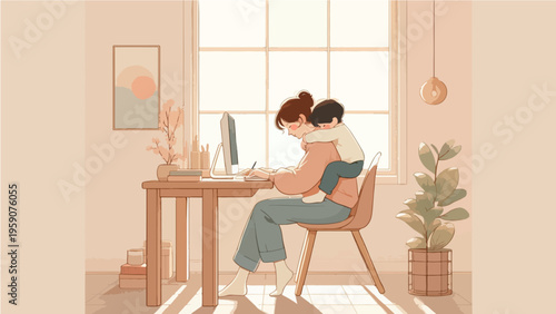Parent working at home with a child clinging to their back in a cozy home office, balancing work and family