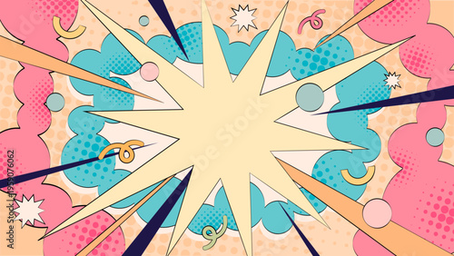 フルHDサイズ（16:9）のアメコミ風爆発背景、ポップなアブストラクトデザインとドットテクスチャの動画用バックグラウンド