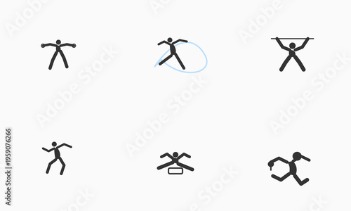 A collection of six minimalist black stick figure icons depicting various athletic human motions