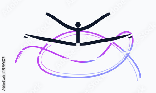 A minimalist graphic illustration of a gymnast performing a split jump with flowing purple ribbons