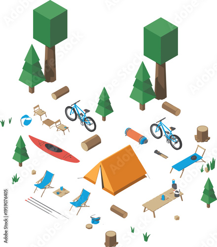 3D isometric camping scene with tent, bicycles, kayak, trees, outdoor furniture, forest adventure gear, travel recreation low poly illustration