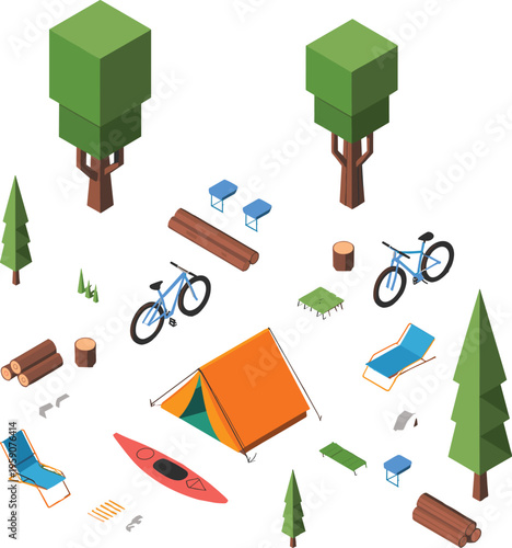 3D isometric camping set with tent, bicycles, trees, kayak, outdoor gear, forest adventure equipment, travel recreation illustration isolated collection