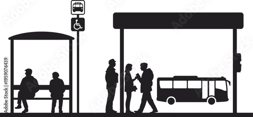 Bus stop silhouette vector illustration, public transport station with passengers and city bus isolated on white background for urban design, mobility, travel and infrastructure use