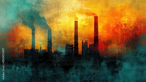 Industrial Smokestacks Emit Vibrant Hues Against a Textured Sky