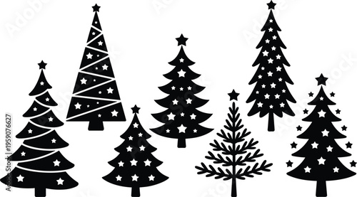 Christmas tree silhouette set with star decorations, festive holiday pine trees vector collection isolated on white background for winter design, greeting cards and decor