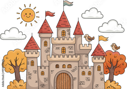 Cartoon fairytale castle with red towers, sunny sky, clouds, birds, autumn trees, fantasy medieval palace illustration, cute storybook scene