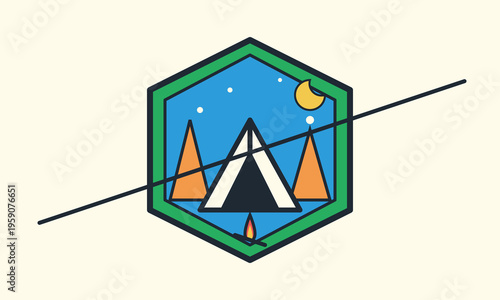 A flat vector illustration of a camping badge featuring a tent under a starry moonlit night sky