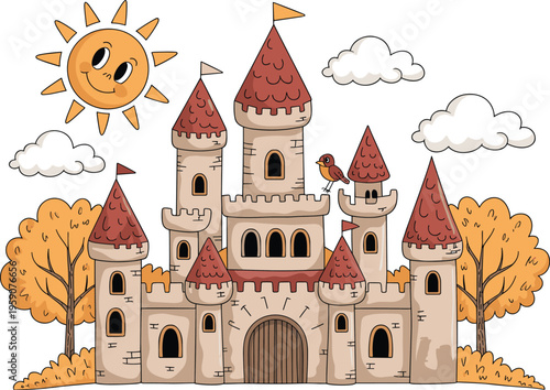 Cartoon fairytale castle illustration with towers, sunny sky, clouds, autumn trees, fantasy medieval palace, cute storybook style architecture scene
