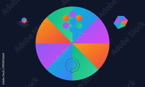 A vibrant digital illustration featuring a segmented circular gradient wheel with geometric icons
