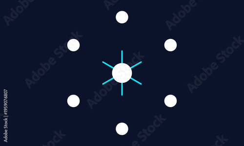 A minimalist graphic design showing a central glowing node connected to six surrounding white dots