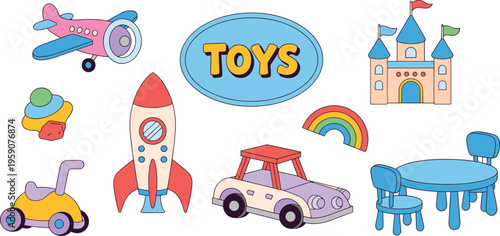 Colorful kids toys collection illustration featuring airplane rocket car castle rainbow furniture playful cartoon set for children education design