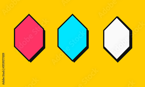 A minimalist graphic design featuring three colorful hexagonal shapes on a bright yellow background