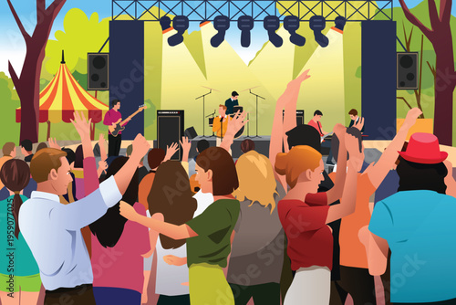 People in Outdoor  Music Concert in the Summer Vector Illustration