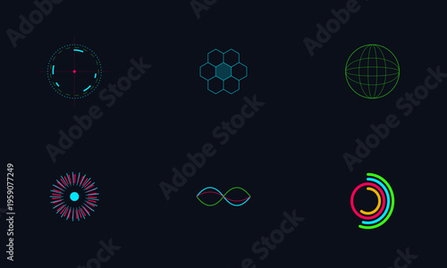 A collection of six minimalist digital interface icons set against a dark navy blue background