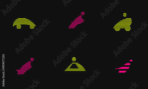 A collection of stylized abstract icons featuring vibrant neon striped shapes on a black background