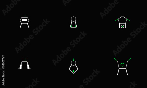 A collection of minimalist line art icons representing various technical or industrial components