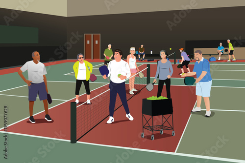 Group Pickleball Clinic Coaching Session Vector Illustration