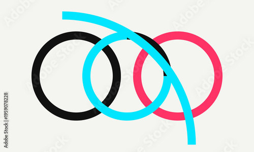 Abstract minimalist graphic design featuring overlapping circular rings and a flowing cyan ribbon