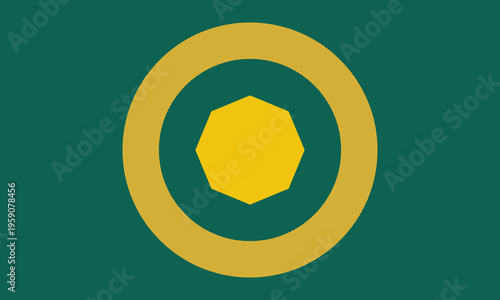 A minimalist graphic design featuring a vibrant yellow heptagon inside a gold circle on green