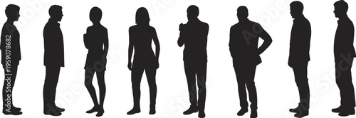 Silhouettes of eight people standing in row, diverse postures illustration, casual and formal stances concept, human body language representation