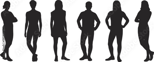Silhouettes of six people standing in row, diverse postures illustration, casual and formal stances concept, human body language representation
