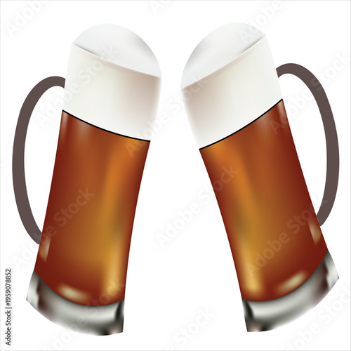 Two glass mugs of cold beer with frothy foam