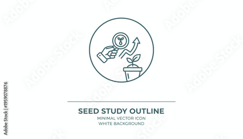 Seed Study Outline Icon: Growth Analysis, Magnifying Glass, Plant in Pot, Upward Arrow