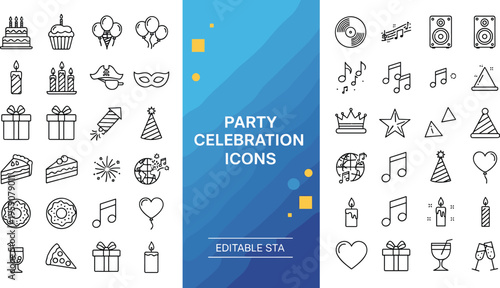 Party celebration line icons vector set with birthday cake balloons gifts music champagne and festive event symbols illustration