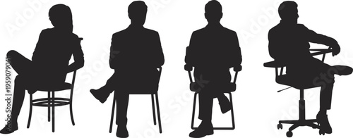 Silhouettes of four people seated on chairs, varied posture illustration, casual and formal seating concept, professional ergonomic design representation