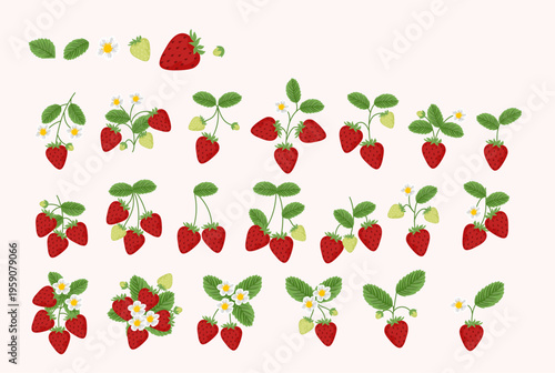 Hand-drawn Flat Strawberry Plant Elements Collection