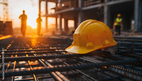 Yellow Construction Safety Helmet on Industrial Site at Sunset