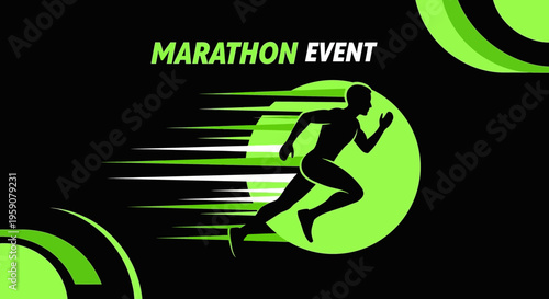 Dynamic Marathon Event Design Featuring Silhouette Runner and Green and Black Aesthetics