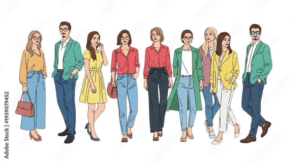 Obraz premium Stylish Diverse Young Adults Fashion Illustration Modern Casual Streetwear Outfit Collection