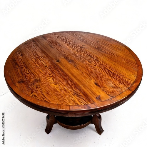 Elegant, circular wooden table on a light background