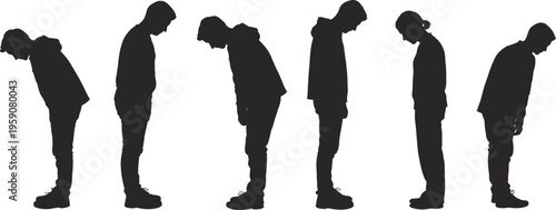 Silhouettes of six people standing in row, bowed heads and hunched posture, somber mood concept, emotional introspection illustration