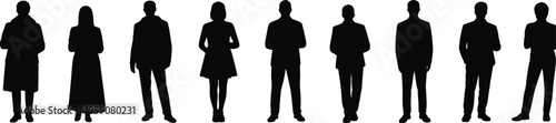 Silhouettes of diverse group of people standing together, business professionals and casual individuals in row, teamwork concept illustration