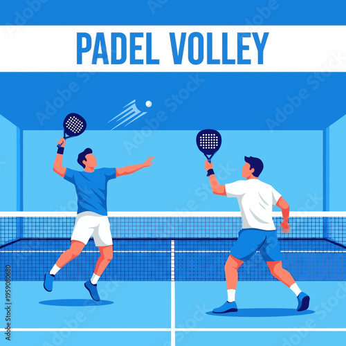 Dynamic Padel Match: Two Players Engaging in a Lively Volley on a Bright Blue Court