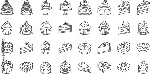 Cake and dessert line icons vector set with cupcakes cake slices pastries and bakery sweets outline illustration collection