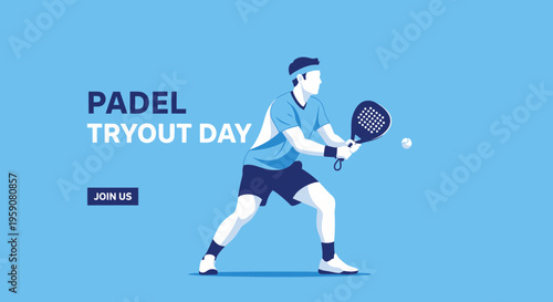 Dynamic Padel Player Demonstrating Skills During Tryout Event With Clean Modern Design