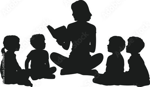 Silhouette of adult reading book to children, storytelling, education, learning, classroom interaction, childhood development, teaching, library concept
