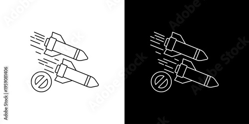 Single icon of two stylized rockets with a prohibition sign, symbolizing stopping or blocking rockets or missiles