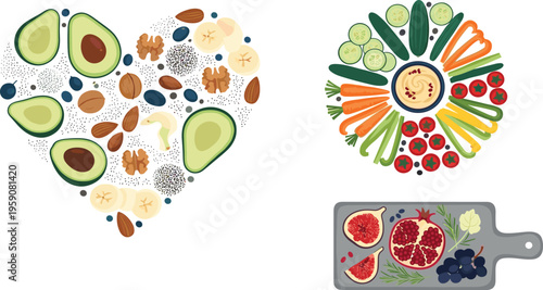 Superfood Nutrition Vector Set Featuring Avocado Heart Walnut and Chia Seed Arrangement and Fresh Pomegranate on Slate Board for Healthy Diet and Functional Food Branding