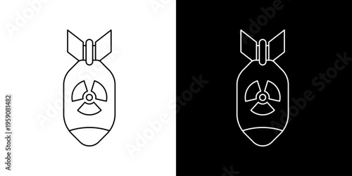 Vector line art icon illustration of an atomic bomb with a radiation symbol, symbolizing nuclear threat, destruction, and danger. Graphic concept of global conflict