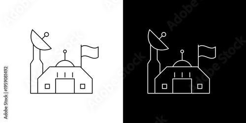 Space station icon with satellite dish and flags on black and white background