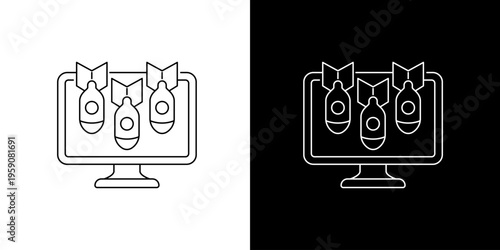 Conceptual Vector Illustration of a Computer Monitor with Bomb Icons, Symbolizing Cyber Threat, Digital Attack, and Online Danger Warning