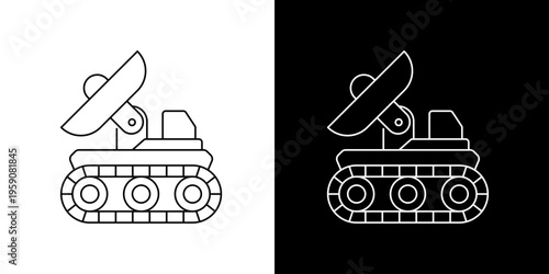 Minimalist line art icon illustration of a robotic rover equipped with a satellite antenna, symbolizing remote exploration and scientific missions on distant celestial bodies