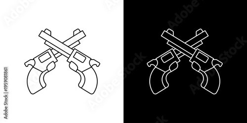 Stylized outline icon featuring two classic revolvers crossed, symbolizing security, defense, history, or rugged western themes, ideal for graphic design projects