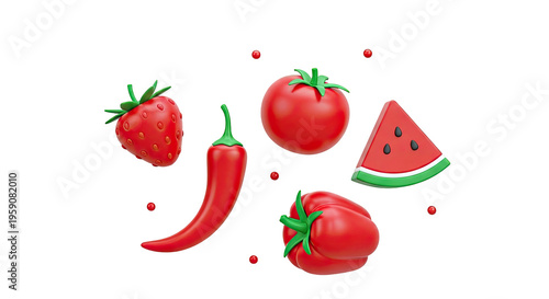 3D render of various red fruits and vegetables